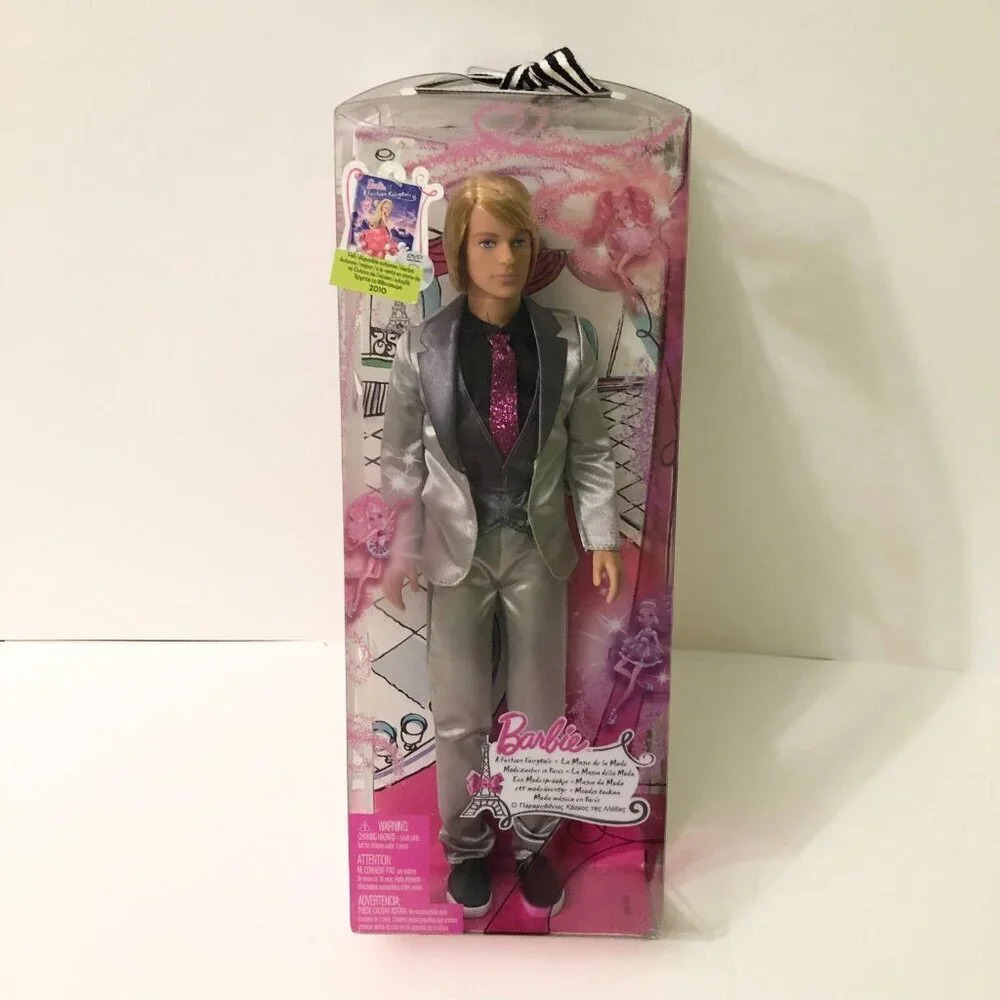 2009 Barbie A Fashion Fairytale Ken Doll in Grey suit Blemished Nose Damaged Box